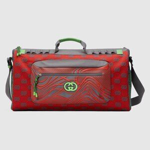 Gucci Men's Duffle Bag GG Jacquard Nylon & Rubber Large Color Gray-Green-Red